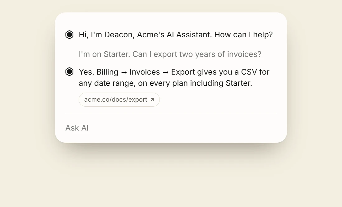 The widget answering a question about exporting invoices, with a link to the docs page the answer came from.
