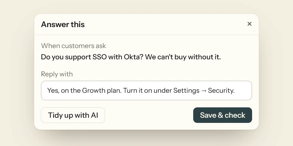 The Answer this dialog with the visitor’s question under When customers ask, a two-sentence answer under Reply with, and buttons for Tidy up with AI and Save & check.