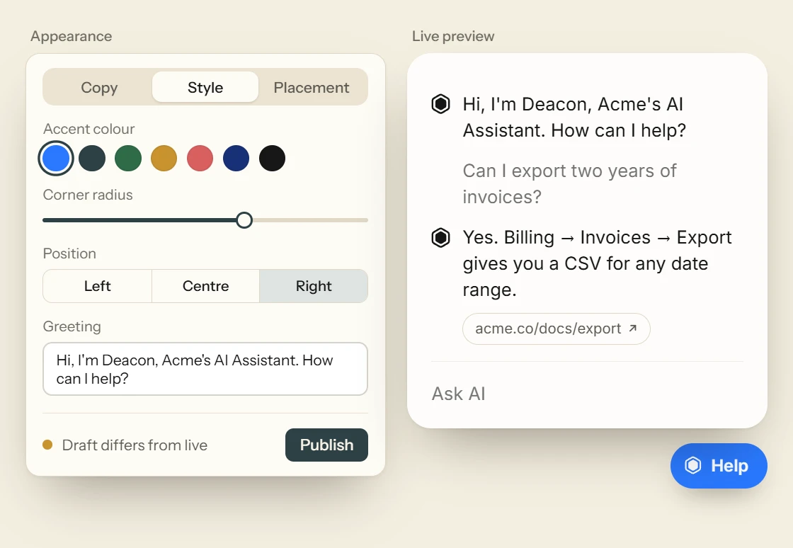 The Appearance editor, with accent colours, corner radius, position and greeting, beside a live preview of the widget and its Help button.