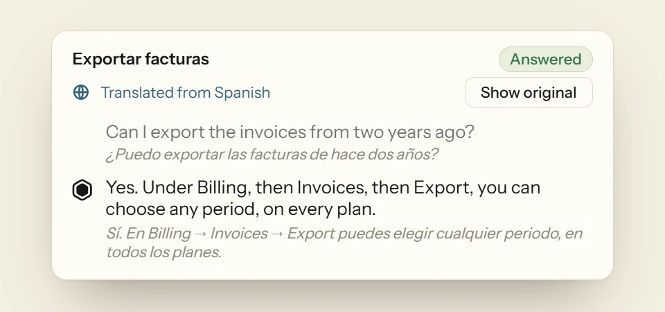 A conversation in the dashboard with Translate switched on. The visitor’s Spanish question and Deacon’s Spanish answer are shown in English, with a Show original switch above them.