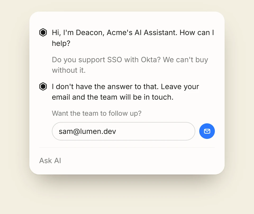 The widget telling a visitor it doesn’t have the answer, with their email address typed into the field beneath.