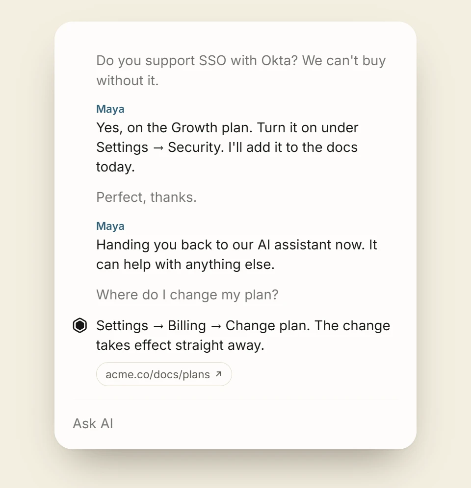 The widget after a handoff. The founder’s replies appear under a first name, the chat is handed back, and Deacon answers the next question with a link to the docs.