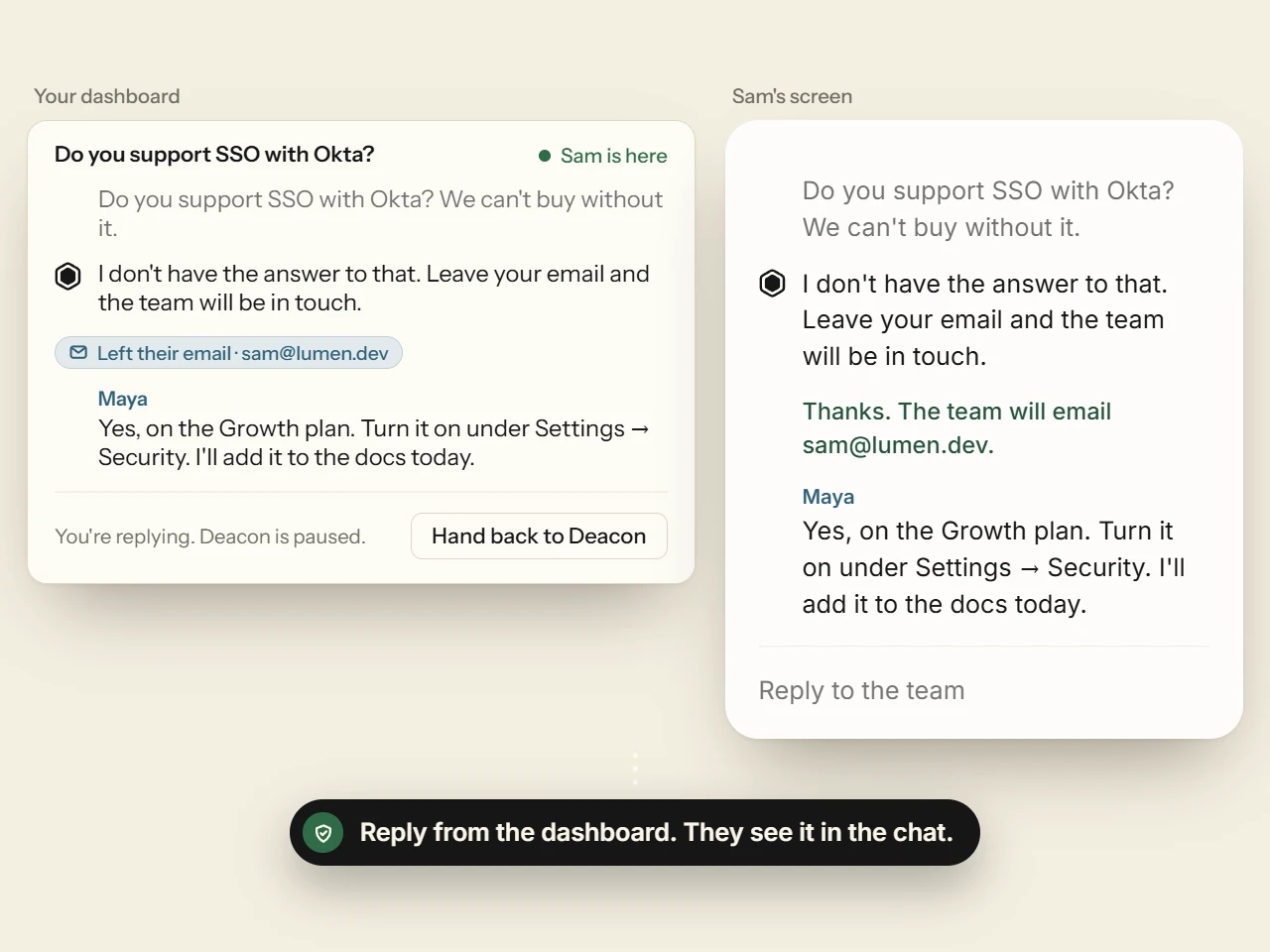 The dashboard, where the founder’s reply has been sent and Deacon is paused, beside the visitor’s widget showing the same reply under the founder’s first name.