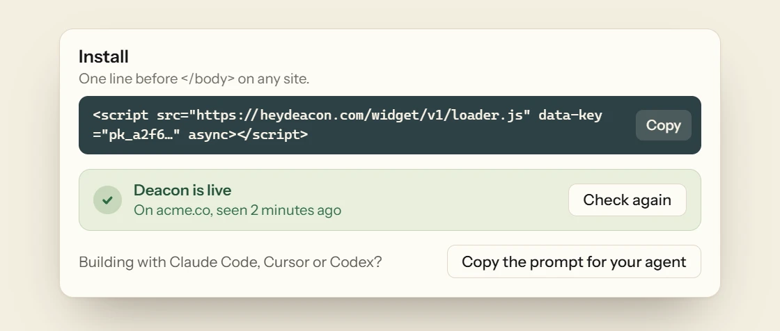 Deacon’s Install page. The script tag sits in a dark box with Copy beside it, and underneath a notice reads Deacon is live, seen on acme.co two minutes ago.