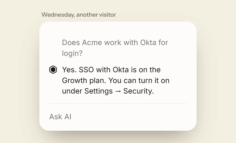 The widget on Wednesday. A different visitor asks whether Acme works with Okta for login, and Deacon answers that single sign-on with Okta is on the Growth plan.
