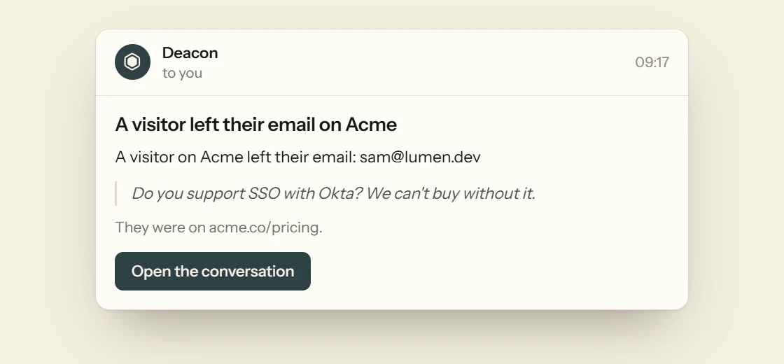 The email an owner receives, with the visitor’s question, the page they were on and a button to open the conversation.