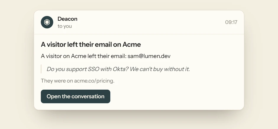 The email an owner receives. A visitor on Acme left their email, with the question they asked, the page they were on and a button to open the conversation.
