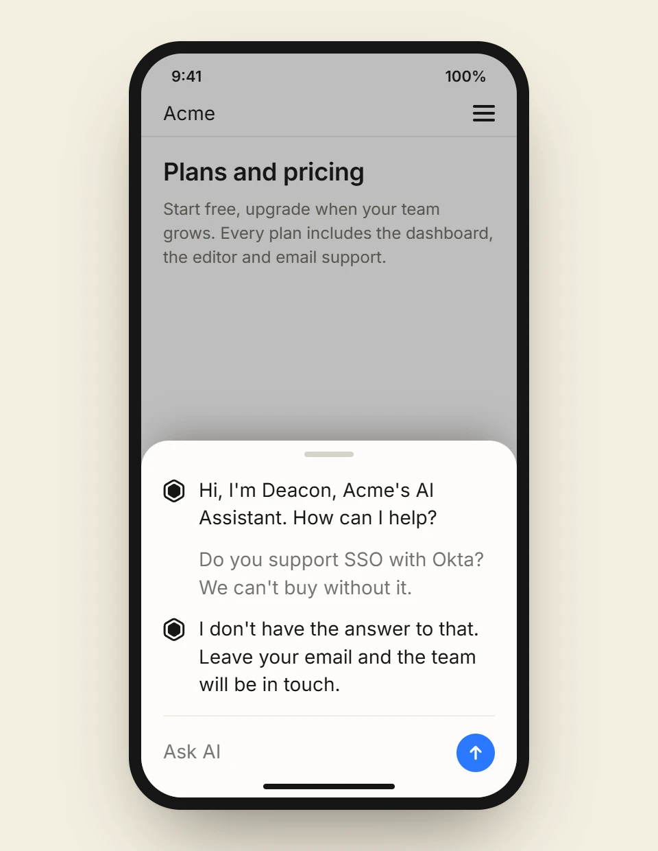 A phone showing Acme’s pricing page with the Deacon chat open as a sheet across the full width of the screen.