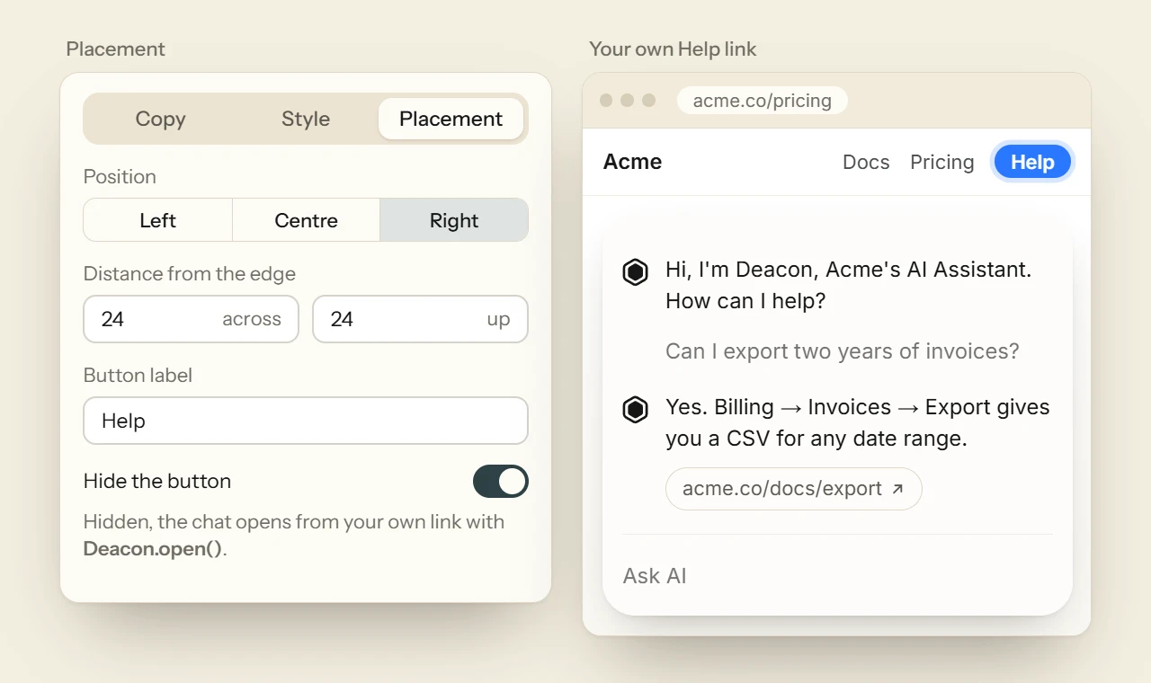 The Placement controls with position, offsets and a switch that hides the floating button, beside a site header whose own Help link opens the chat.