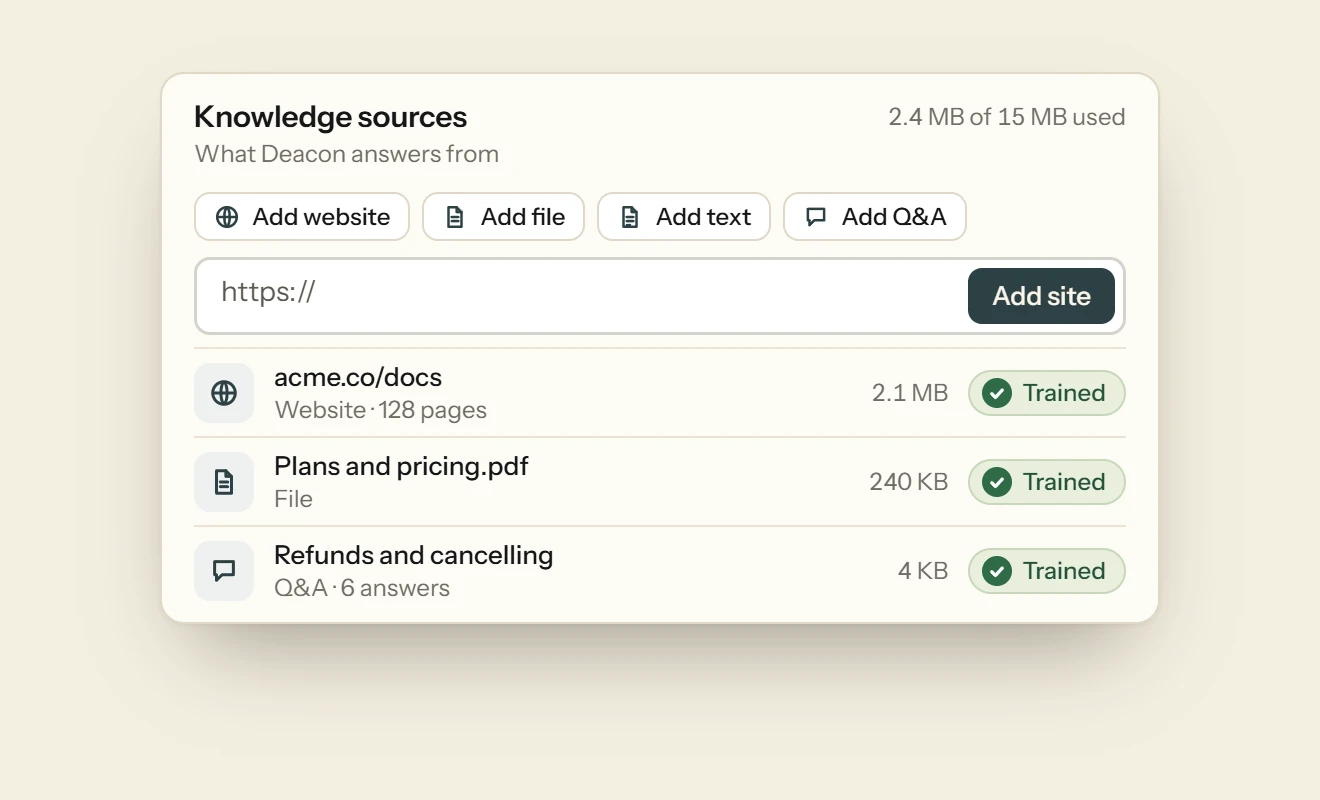 The Knowledge sources screen listing a documentation site, a pricing PDF and a set of refund answers, all trained.